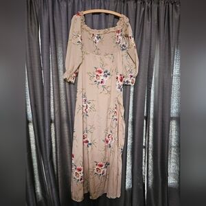 Southern Fried Chics Boho Floral Beige Maxi Dress With Slit